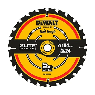 Imagen de DEWALT DT10302 QZ Hoja de sierra circular Elite, Diámetro la hoja: 184/16 mm, Ancho corte: 1,65 24 dientes, Ángulo los dientes: 18, Dientes carburo ultra afilados, Nail Tough, Uso universal