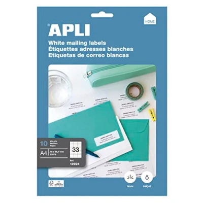 Imagen de APLI 12924 Etiquetas blancas permanentes adhesivas imprimibles, Inkjet Laser Copy, tamaño etiqueta 70 x 25,4 mm, cantos rectos, pack de 10 hojas (330 etiquetas) , ideal para sobres y paquetes