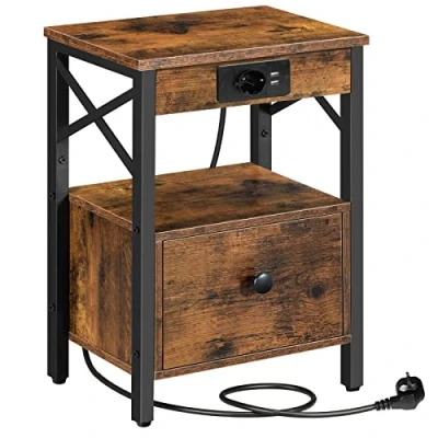 Imagen de HOOBRO Mesita de Noche con Estación Carga, Mesa Auxiliar Cajón, Puerto USB y Enchufe, para Dormitorio, Estilo Campo, Ahorro Espacio, Marrón Rústico Negro EBF128CBZ01G1