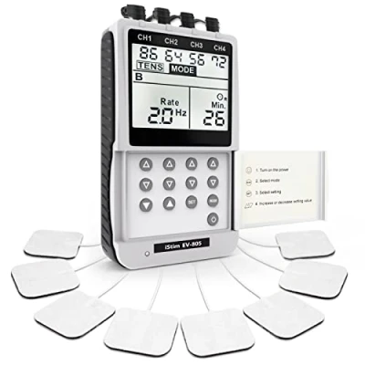 Imagen de iSTIM EV 805 Electroestimulador Digital Unidad TENS &amp; EMS de 4 Canales con 16 Almohadillas para Estimulación Nerviosa y Muscular, Aliviar el Dolor Muscular Fortalecer los Músculos
