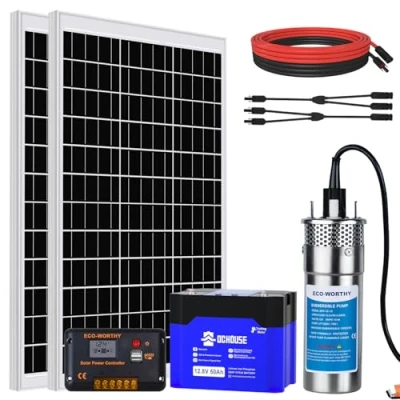 Imagen de DCHOUSE Juego de bombas agua para pozos profundos, 12 V CC, bomba sumergible con 2 unidades panel solar mono 120 W, batería 24 Ah y controlador 20 A fuentes, estanques,