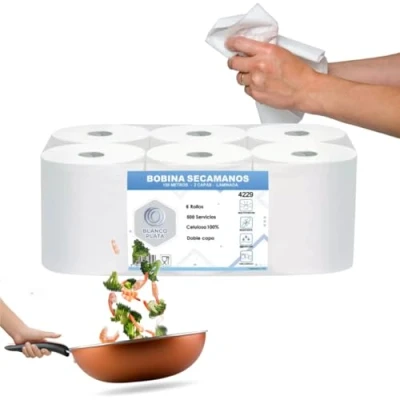 Imagen de Bobina Papel secamanos mecha laminada 6 rollos de 150m 100% Celulosa Doble Capa