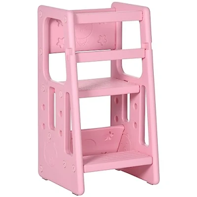 Imagen de HOMCOM Torre de Aprendizaje para Niños Taburete Infantil con Altura Ajustable en 3 Posiciones y Plataforma Antideslizante Cocina Comedor Baño 47x47x90 cm Rosa