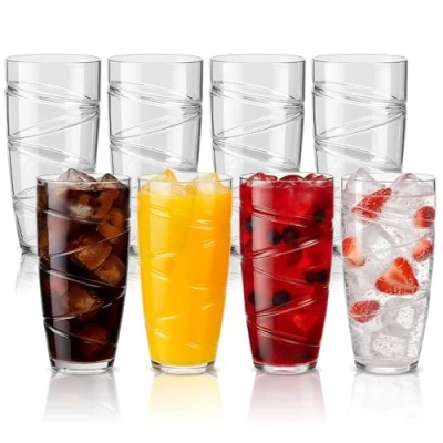 Imagen de HEFTMAN Juego de 8 vasos plástico acrílicos 550 ml con diseño remolino, apilables reutilizables para jardín, picnic, camping, barbacoas, fiestas o uso diario (transparente)