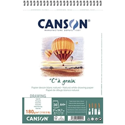 Imagen de Canson &#039;&#039;C&#039;&#039; à grain, Papel de dibujo blanco, Grano fino, 180g, Espiralados sobre el lado corto, A4 21x29,7cm, Blanco natural, 30 Hojas