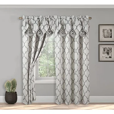 Imagen de Elegant Comfort Juego de Paneles Cortina Aspecto Jacquard con Cenefa Cascada adjunta, (Juego 2), 54 x 84 Pulgadas, patrón Cuadriculado, Gris Plateado