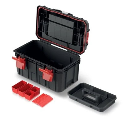 Imagen de Caja de herramientas con portaherramientas compartimentos divisorios, mango ergonómico, cierres sujeción, plástico, 45 x 28 26,4 cm