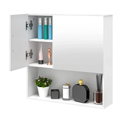 Imagen de EUGAD Armario Baño de Pared, Mueble con Espejo, Colgar Puerta y Estante Ajustable, 4 Compartimentos Interiores 1 Abierto, MDF, Blanco, 54x15x55cm