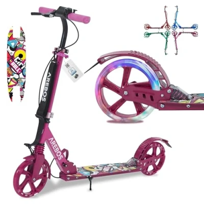 Imagen de Arebos City Scooter Patinete a Pedales Rosa Regulable en Altura Plegable Incl. Correa de Transporte Ruedas LED Freno Pedal Manual suspensión Delantera Trasera niños y Adultos