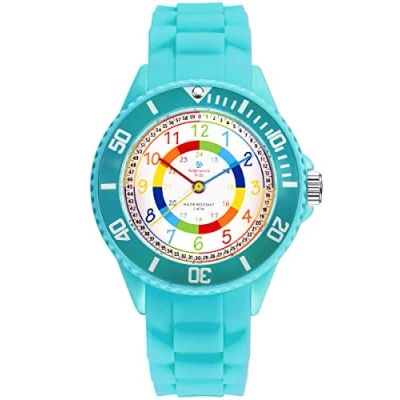 Imagen de Alienwork Kids Reloj de Aprendizaje Infantil Niña Turquesa Pulsera Silicona Abigarrado niños Impermeable 5 ATM Tiempo Aprender