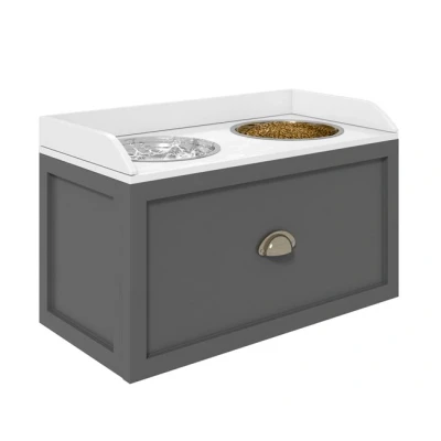 Imagen de PawHut Comedero Elevado para Perros Grandes Cuencos con 2 Tazones 2000ml de Acero Inoxidable y Cajón Oculto Soporte Madera Mascotas 60x30x36 cm Gris Blanco