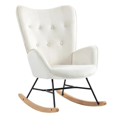 Imagen de MEUBLE COSY Sillas Mecedora Escandinavo Sillón Relax Especial Lactancia para Salón Dormitorio Balcón Sala de Estudio, Madera, Beige Terciopelo, 68x87x98cm