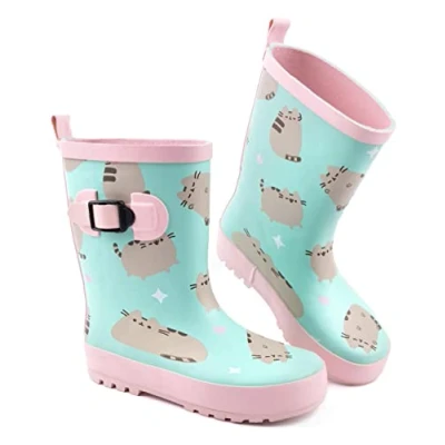 Imagen de Pusheen The Cat Wellies Girls Niños Rosa Menta Verde Dibujos animados Hearts Wellington Boots Zapatos para caminar resistentes al agua Regalos