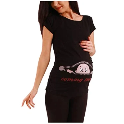 Imagen de Coming Soon Moda premamá Divertida y Dulce/Camiseta Sudadera con Estampado Durante el Embarazo, Manga Corta (Negro, Medium)