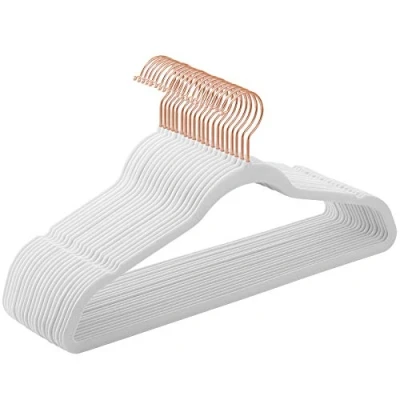 Imagen de SONGMICS Juego de 30 Perchas Aterciopeladas, 41,5 cm Largo, Finas, Gran Capacidad Carga, con Ganchos Giratorios 360, para Camisas Abrigo Completas, Blanco y Oro Rosa CRF026W30