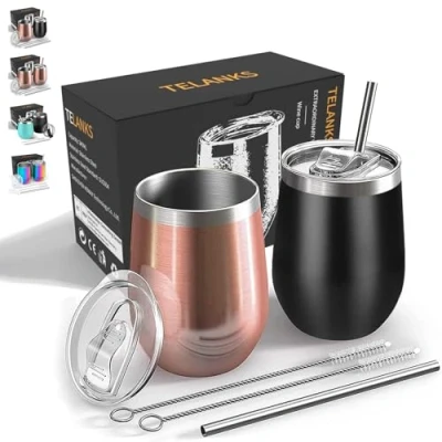 Imagen de TELANKS Copa de vino para llevar, 2 copas acero inoxidable, aisladas con tapa, regalo mujeres