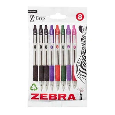 Imagen de Zebra Pen Z Grip bolígrafos surtidos con clip de bolsillo, retráctiles tinta surtida, Biro fiables para uso diario, diseño cebra, 8 unidades