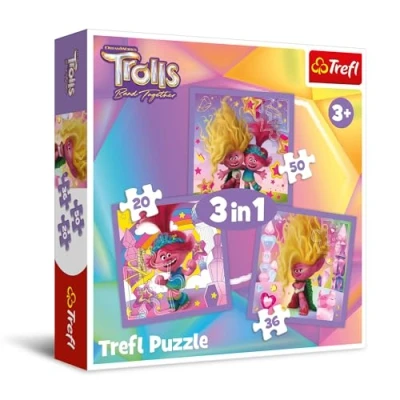 Imagen de Trefl Trolls Band Together, Conoce a los troles alegres Puzle 3en1, 3 Rompecabezas, de 20 50 Piezas Colores con Personajes la película Animada, Distintos Grados dificultad