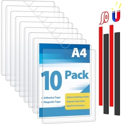 Imagen de VAIIGO soporte magnético para letreros de pared A4, 10 unidades, protectores impresión rígidos con cintas adhesivas y magnéticas, papel plástico oficina, hogar, tienda