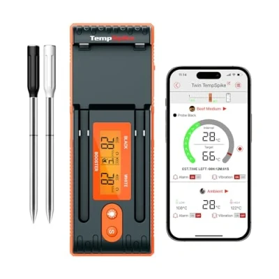 Imagen de ThermoPro Twin TempSpike termómetro para carne verdaderamente inalámbrico de 150m, alimentos Bluetooth con refuerzo mejorado LCD, freidoras, barbacoa, horno y ahumador