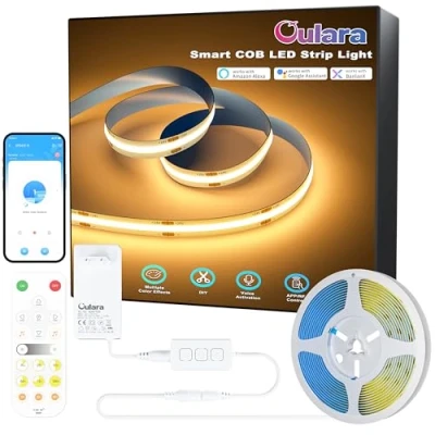 Imagen de OULARA WIFI COB LED Tira Blanco Cálido 2700K,10M Dimmable 24V de luz Conjunto,Smart Trabajo con Alexa/Google Assistant para la iluminación Bricolaje Debajo del Armario,Dormitorio,Cocina.