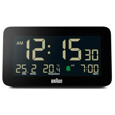 Imagen de Braun Reloj Despertador Digital Fecha, Mes y Temperatura en Pantalla, Pantalla LCD Negativa, Ajuste rápido, Alarma de pitido Crescendo Negro, Modelo BC10B (1 Paquete)