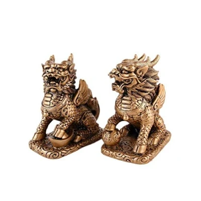 Imagen de lachineuse Figuras de Pareja QiLin Estatuillas Feng Shui Chi Lin Símbolo protección energías negativas para Oficina, hogar, decoración China asiática Qi 12,5 x 11 6 cm Dorado