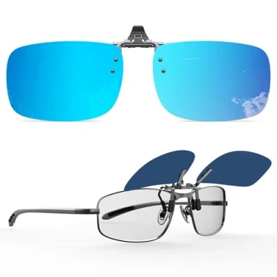 Imagen de Goiteia Gafas de sol polarizadas Flip Up Clip para hombres y mujeres Fáciles poner quitar con una mano (lente espejo azul 60 * 40 mm)