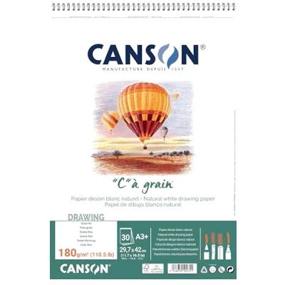 Imagen de Canson &#039;&#039;C&#039;&#039; à grain, Papel de dibujo blanco, Grano fino, 180gsm, Espiralados sobre el lado corto, A3 29,7x42cm, Blanco natural, 30 Hojas