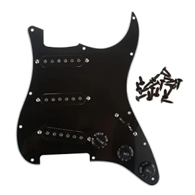 Imagen de Musiclily SSS Loaded Prewired Pickguard ST Golpeador Precableado Set con Cerámica Pastillas Single Coil para Fender Squier Strat Guitarra Eléctrica,3 capas Negro