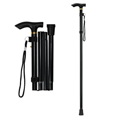 Imagen de supregear Bastón Plegable, 5 Niveles Altura Ajustable Ligero Portátil de Viaje con Pulsera y Mango en T para Hombres Mujeres Discapacidad Edad Avanzada (Negro)