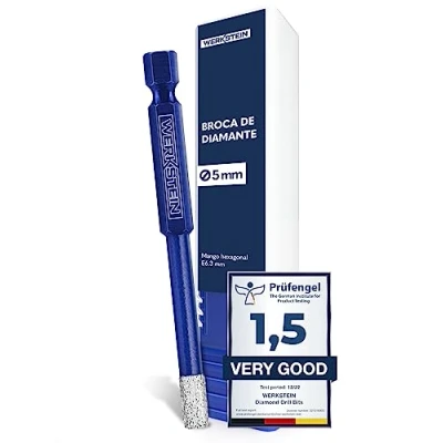 Imagen de WERKSTEIN Broca diamante 5 mm extremadamente resistente para baldosas, vidrio, cerámica, porcelana, granito, mármol y más I porcelanico con mango hexagonal