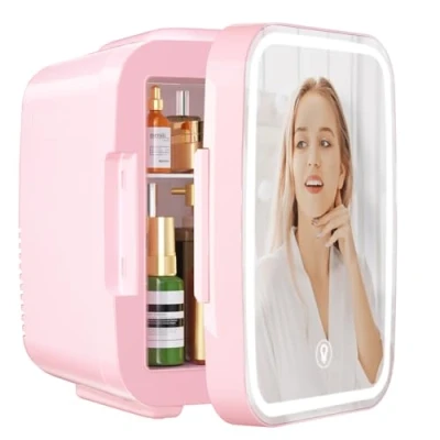 Imagen de YASHE Mini nevera para dormitorio, Skincare con espejo LED, pequeña de 4 l portátil, termoeléctrica y refrigerador 220 V AC / 12 DC coche, oficina, dormitorio (rosa)