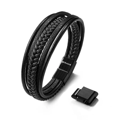 Imagen de SERASAR 17cm Negro Pulsera de Cuero Hombre Pulseras Hombres Brazalete Brazaletes Pulso Muñequera Muñequeras Bisuteria Bisutería Joyeria Nudos Cuerda Cuerdas Bracelet Men Jewellery Unisex Ancha