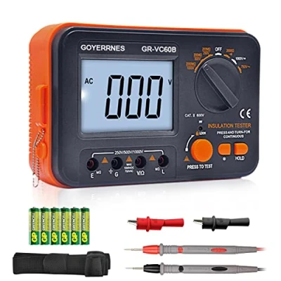 Imagen de Probador de resistencia aislamiento Medidor ohmios digital Megóhmetro GR VC60B+ voltaje CCV Megohm 250/500/1000V, ACV 750V con pantalla LCD grande