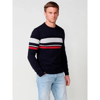 Imagen de Jersey tricot de Algodón manga larga y cuello redondo a rayas color Navy para Hombre