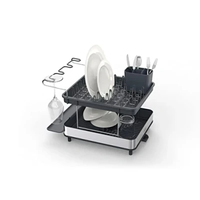Imagen de Joseph Excel, Escurreplatos en acero inoxidable de 2 niveles para la encimera cocina, con tubo drenaje, escurridor móvil cubiertos y soporte copas vino