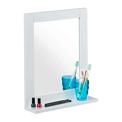 Imagen de Relaxdays Espejo para Pared con Balda y Marco MDF, Colgante, Baño, Pasillo, Rectangular, Moderno, 49x40x10 cm, Blanco