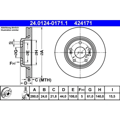 Imagen de ATE 24.0124 0171.1 Disco de freno 280,0 24,0 5 108,0 ventilado revestido aleado/alt. carburado con tornillos RENAULT: Scénic 1, LAGUNA ESPACE 3