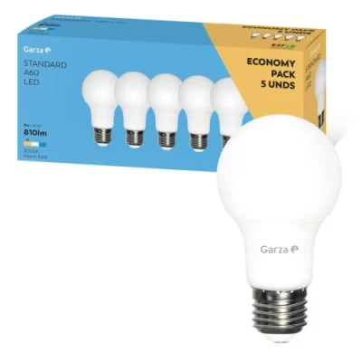 Imagen de Garza Pack 5 Bombillas Led Estándar, Casquillo E27, Luz Cálida 3000K, 7W, 810 Lúmenes, A60. No Regulable.