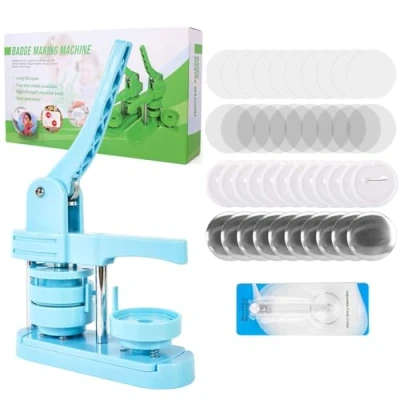 Imagen de UIOK Maquina Hacer Chapas, Azul Máquina para Insignias de 58 mm Botones con 100 Kits Botones, Chapas Personalizadas Kit Creador DIY