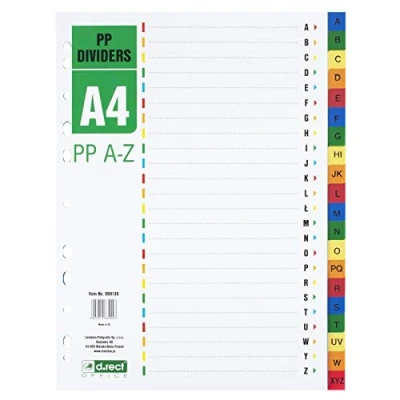 Imagen de D.RECT separadores A4, PP A Z PPAZ, Z, carpetas de anillas, pestañas con multicolor, polipropileno