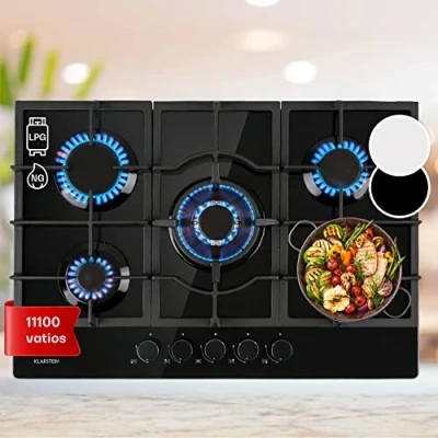 Imagen de Klarstein Cocina de Gas Butano, 5 Fuegos, Potencia 11100W, Placa Integrada Acero y Cristal, Fogones para Encimera Anillos GPL