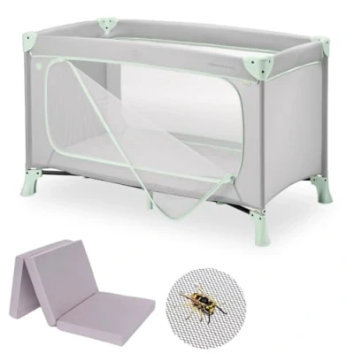 Imagen de hauck Set de Cuna Viaje Bebe Dream n Play Plus con Colchón y Mosquitera, Parque Infantil Desde el Nacimiento, Cama Bolsa, 120x60 cm Dusty Mint