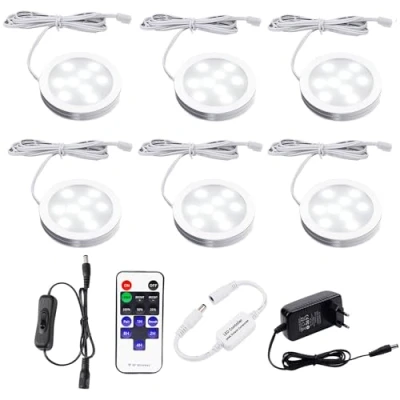 Imagen de AIBOO LED Cocina Debajo de La Lámpara del Gabinete con Control Remoto Inalámbrico RF, Iluminación Empotrada Ultradelgada Redonda, 6 Packs Luces para Escaparate 12V 12W(Blanco Frio 6000K)