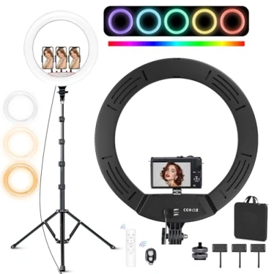 Imagen de Ekasoco Luz de Anillo LED 18 Pulgadas con Trípode y 3 Soportes para Teléfono, 26 Modos RGB 2700K 7000K Regulable Transmisión en Vivo, Maquillaje, Cámara, Selfie, Youtube