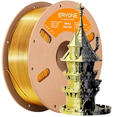 Imagen de filamento PLA ERYONE de dos tonos dobles 1,75 mm, para impresora 3D, carrete 1 kg +/ 0,02 negro seda dorado