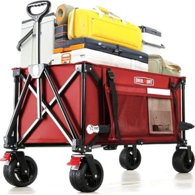 Imagen de Overmont Carro Playa Plegable Carrito de Jardín Todo 150L 150 kg con Mango Ajustable Terreno Desmontables Ruedas Grandes Bolsillo Lateral Portavasos per Camping Compras Deportes