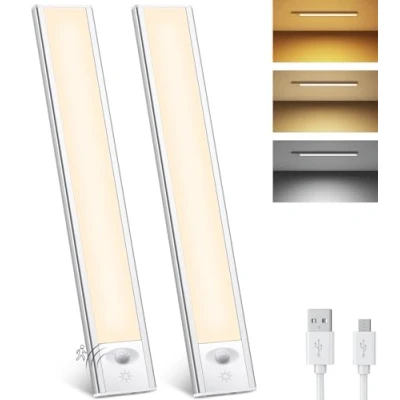 Imagen de Luz LED Armario con Sensor de Movimiento 32cm, 84LED Cocina Bajo Mueble Recargable, 2000mAh Nocturna 3 Modos, Regulable Lampara Adhesiva para Gabinete, Cocina, Escalera, Pasillo, 2Pack