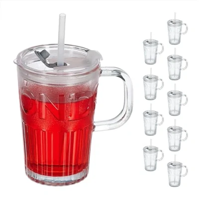Imagen de Relaxdays Set de 10 Vasos, Jarras para Beber con Tapa y Pajita, Jarritas Batidos Zumos 450 ml, Asa, Transparente
